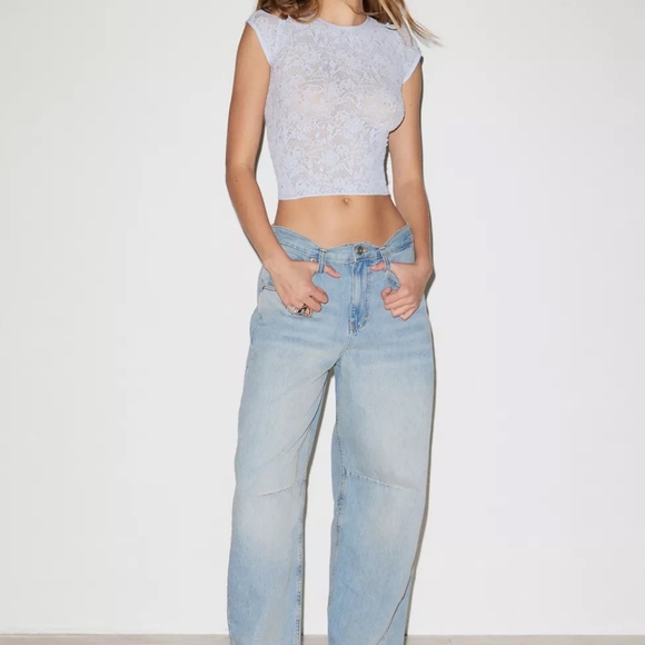 URBAN OUTFITTERS Out From Under Sheer Lace Diamante Seamless Light Blue Tee XS - Picture 1 of 3